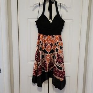 Black, orange, and pink halter dress